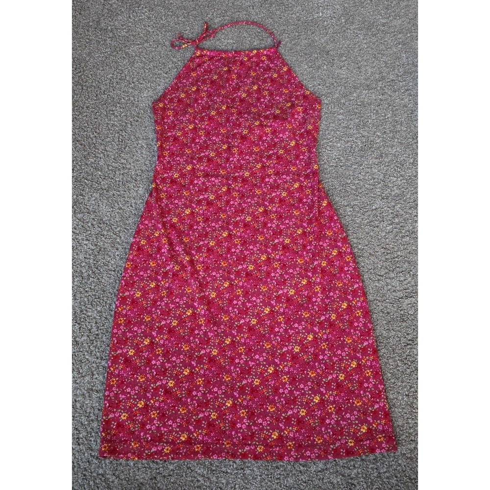 Vintage Y2K Accomplice Womens Red Floral Halter Mini Dress Medium Made in USA